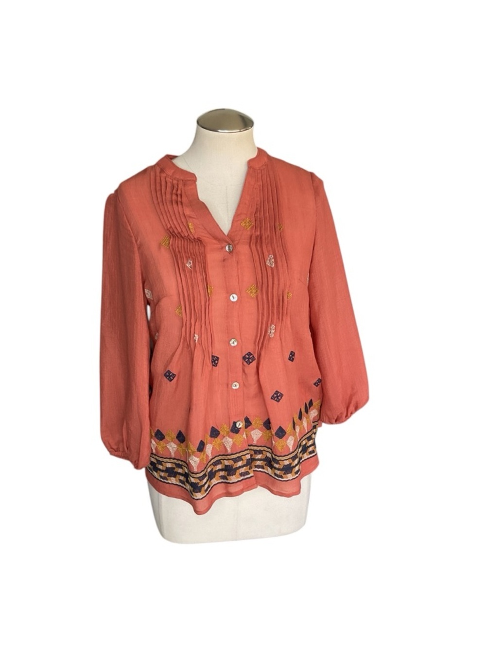 Figueroa & Flower Coral Embroidered Boho Peasant Blouse Petite S - Picture 2 of 7